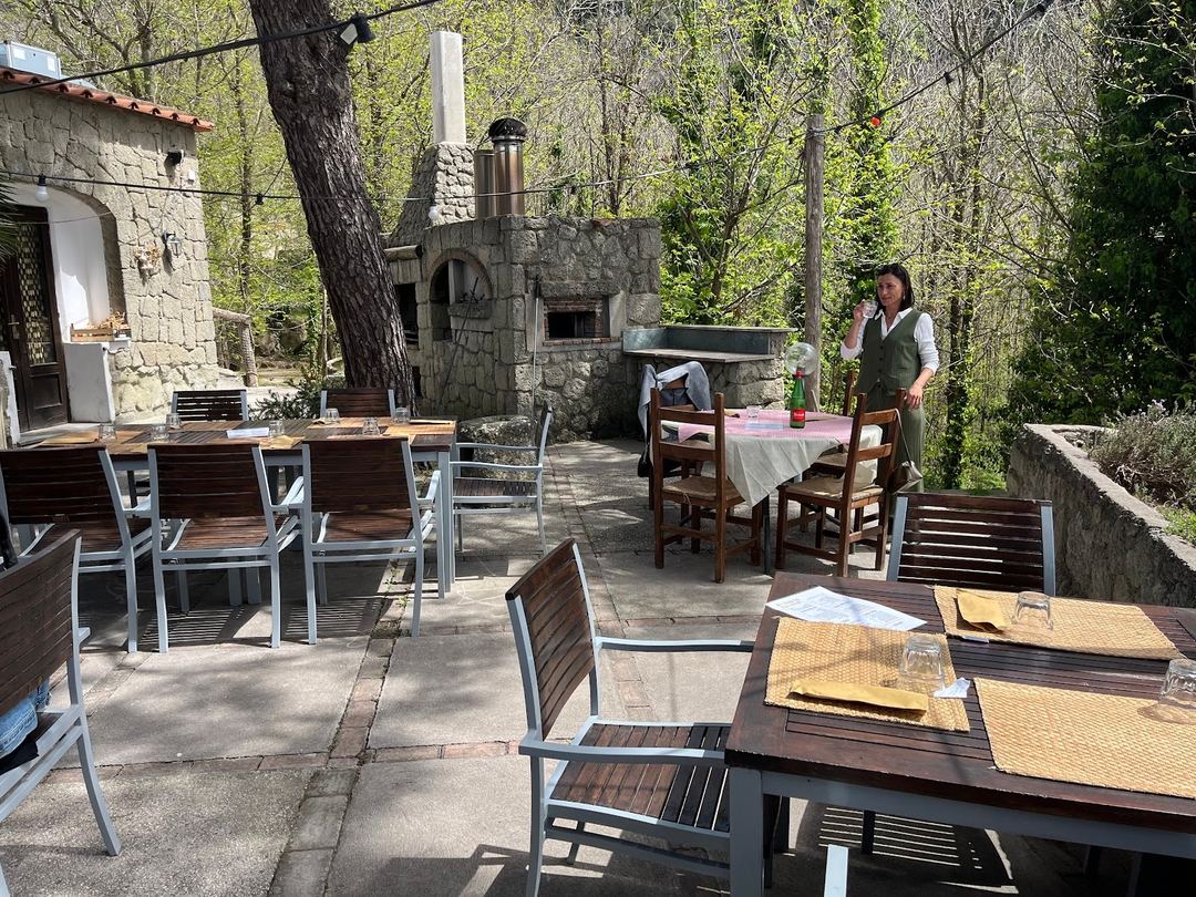 Outdoor dining terrace with rustic stone pizza oven and surrounding woodland at the agriturismo.